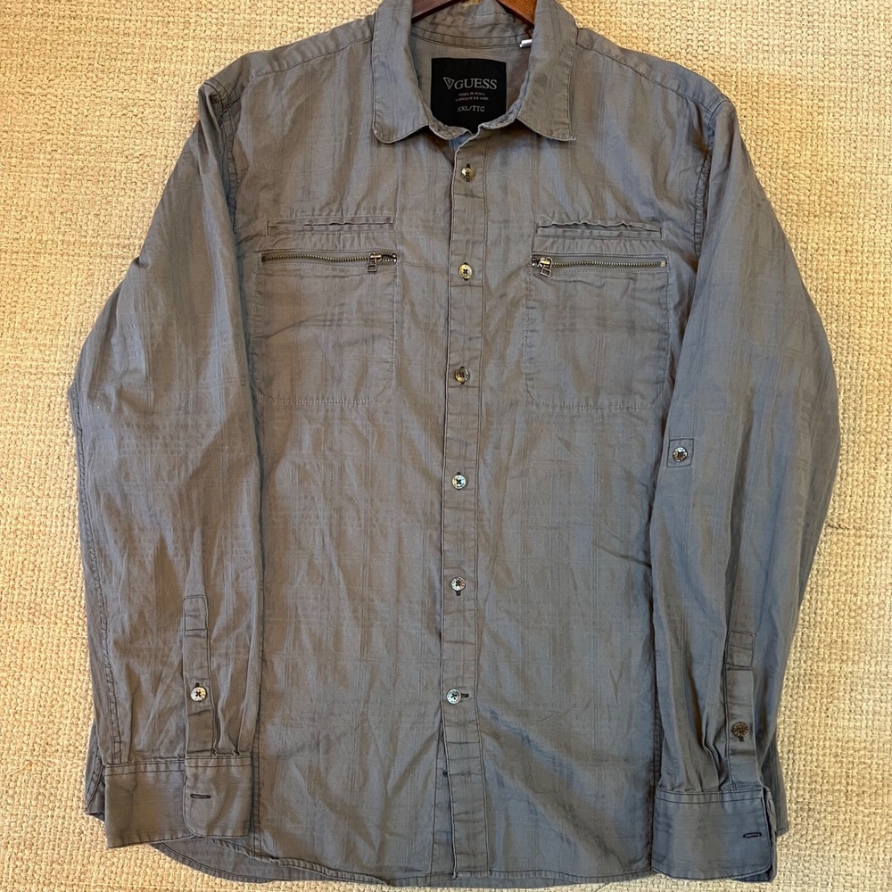 Guess Shirt Mens 2X Gray Vintage Utility Long Sleeve Y2K Zippers